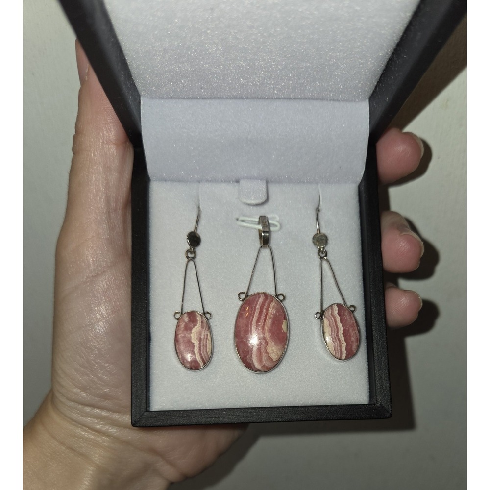 Vintage Sterling Silver 950 Signed Oval Pink Rhodochrosite Pendant/Earrings Set